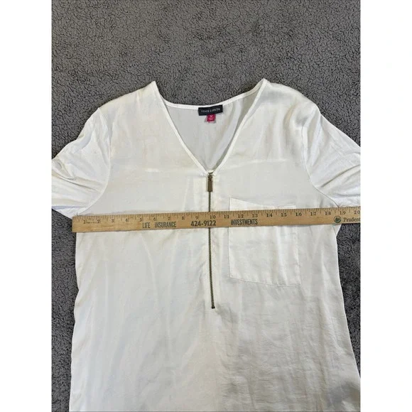 Vince Camuto White Blouse Zipper & Pocket Size M Long Roll Sleeve - Picture 6 of 9
